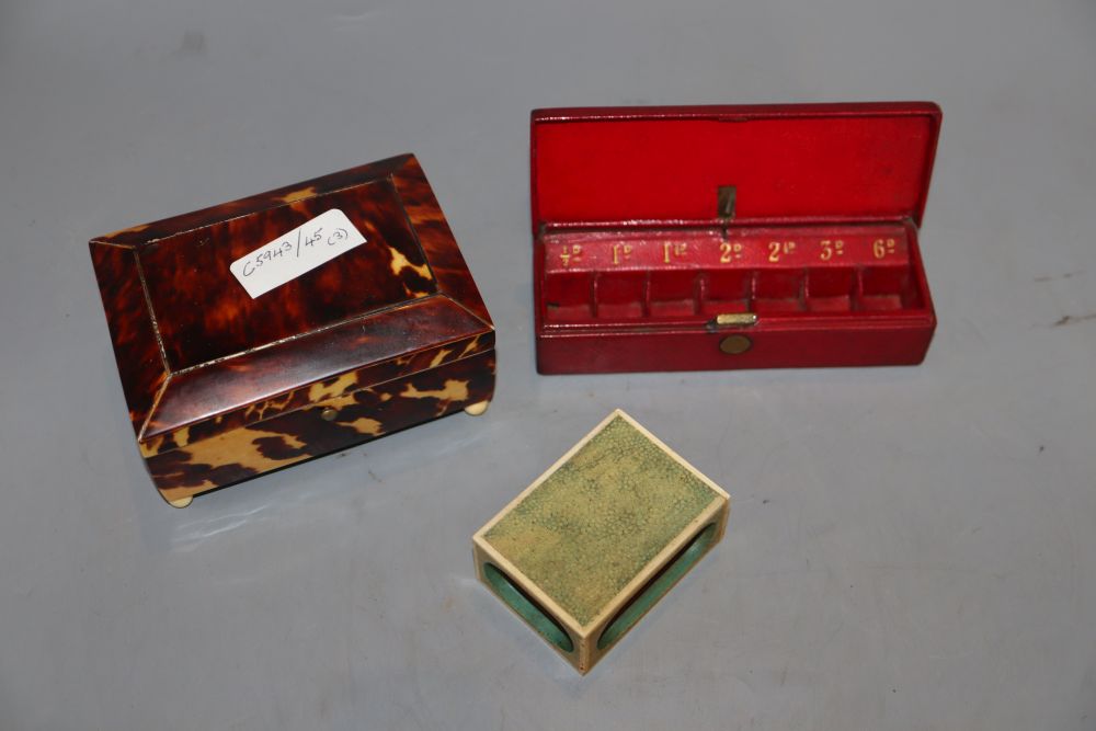 An Art Deco ivory and shagreen matchbox holder, a tortoiseshell trinket box and a stamp box